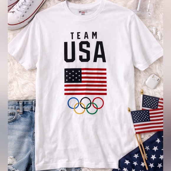Team Usa Tops - NWOT Team USA Olympic Rings Graphic Tee White Medium Patriotic USA Flag Shirt